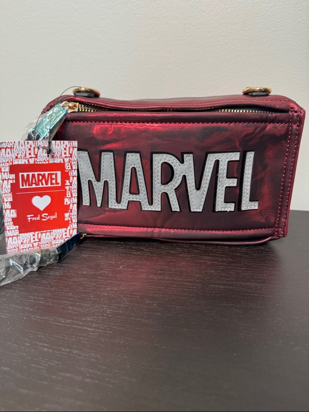 Marvel Red Metallic Crossbody Bag with Silver Logo - Fred Segal